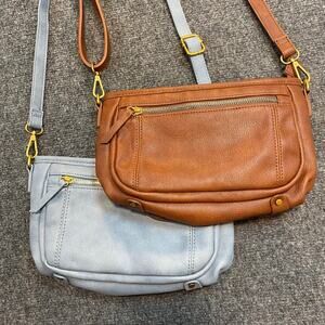 Two Marvolia Small Crossbody Bags Brown Blue Brass Hardware Zipper Pockets